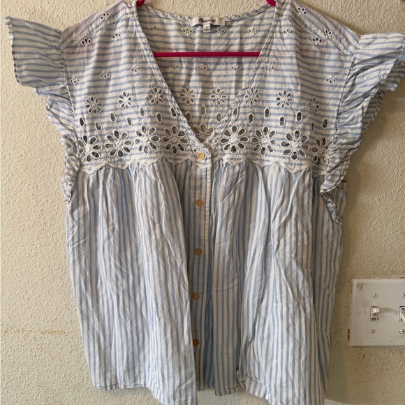 Madewell Blue and White Striped Eyelet Yoke Button Front Top - Picture 2 of 6